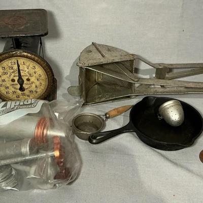 Antique & Vintage Kitchen Goods incl. Cast Iron Skillet, Scale, Cookie Press, & More