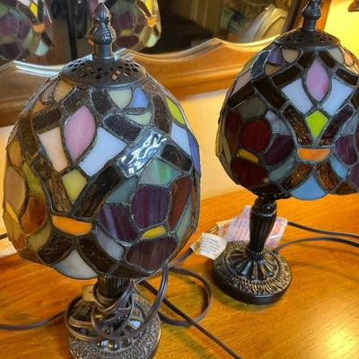 Set Of Two Small 13" Stained Glass Mini Lamps 