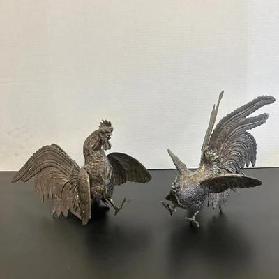 Pair Of Metal Fighting Rooster Statues