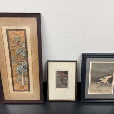 Trio Of Framed Asian Bird Artworks
