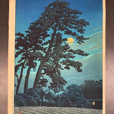 Hasui Kawase Japanese Woodblock Print "Moon Over Magome Tree"