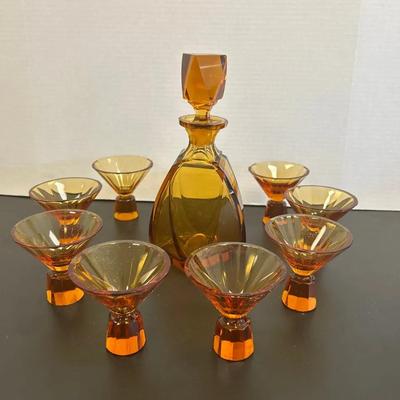 Amber Art Glass Decanter And Drinkware