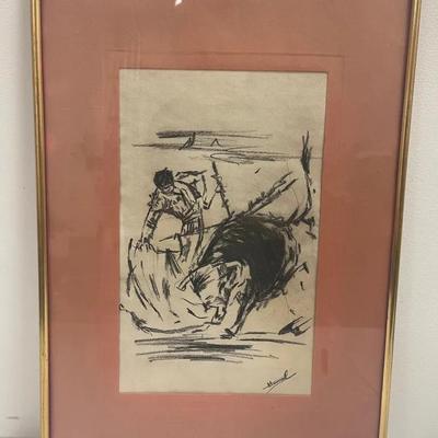 Original Charcoal Of Bullfighter & Bull