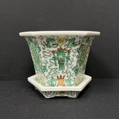 Chinese Ceramic Hexagonal Planter With Footed Under Plate