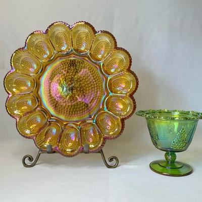 Carnival Glass Deviled Egg Plate & Compote Bowl