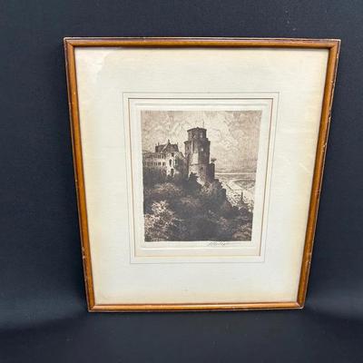 German Castle Etching-signed