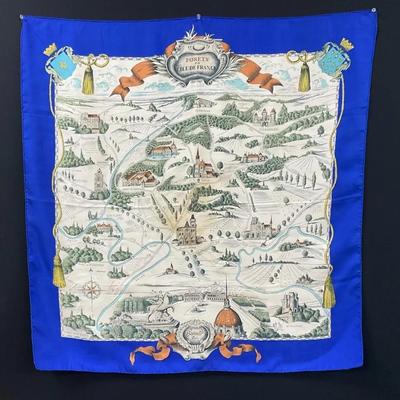 Hermès “Forêts en Ile-de-France” Blue Silk Scarf