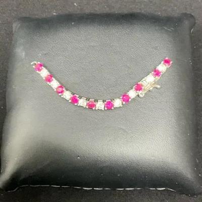 Sterling Silver Pink And Clear Rhinestone Partial Bracelet 