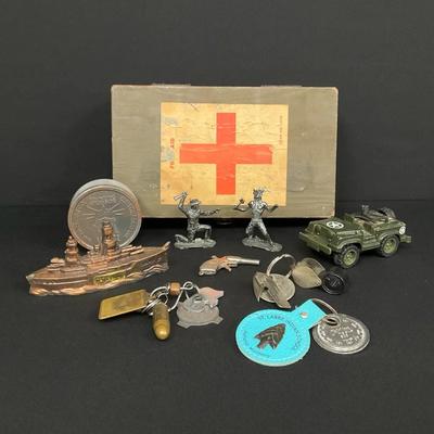Vintage Wooden First Aid Box & Miniature Collectibles