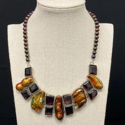 Sterling Silver Cleopatra Style Necklace, Gemstones And Pearls