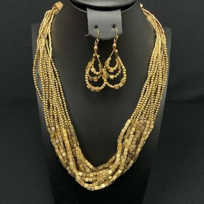 Vintage Gold Tone Multi Strand Necklace & Earrings 