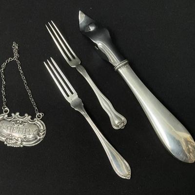 Sterling Silver Bottle Opener, Decanter Tag And Strawberry Forks