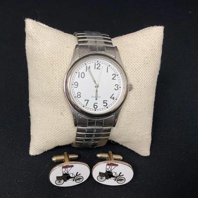 Men’s Stainless Steel Watch & Vintage Cufflinks 