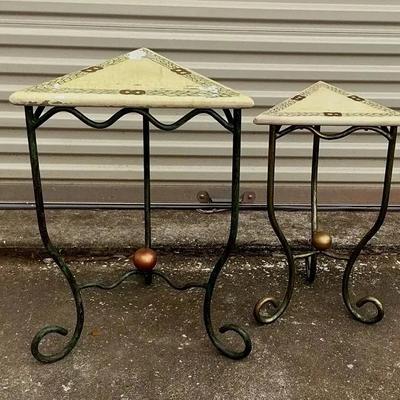 Two Small Accent Tables With Solid Metal Base And Painted Wood Top