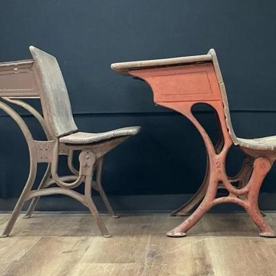 Pair Of Old School Cast Iron And Wood Folding School Desks
