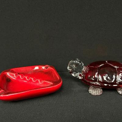 Red Haeger Ashtray And Turtle Decor