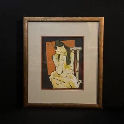 Framed Lino Print Of Seated Woman