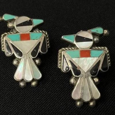 Sterling Silver Zuni Thunderbird Earrings