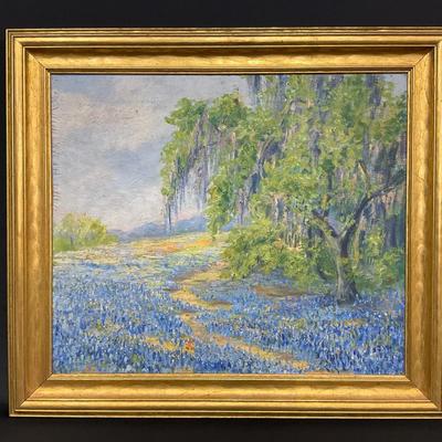Framed Bluebonnets Oil Painting 