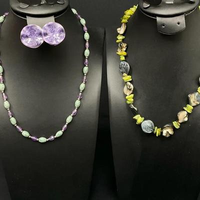 Purple And Green Necklaces And Earrings 