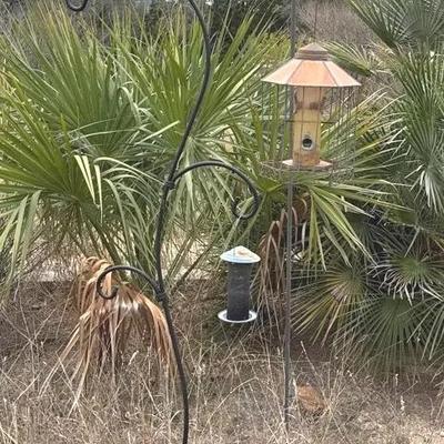 Pair of yard, plant hooks and 2 bird feeders 