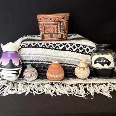 Native American Hand Painted Pottery, Pottery Bowl & Black, Gray & White Blanket