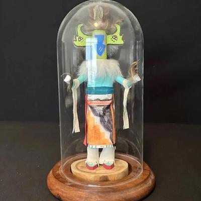 Native American Navajo “Mother Owl” Kachina Doll In Glass Dome & Wooden Base