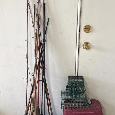 Fishing Lot - Bunch of rods, 2 tackle boxes, 4 bait catchers, weights, lures & a knife  
