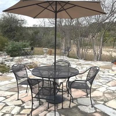 Black metal patio table, 4 chairs & umbrella 