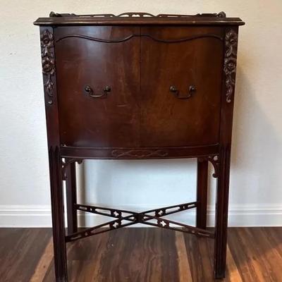 Vintage Occasional Cabinet Side Table With A Raised Pierced Crest Along The Top