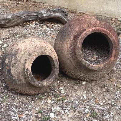 Pair of cement, slanted planters 