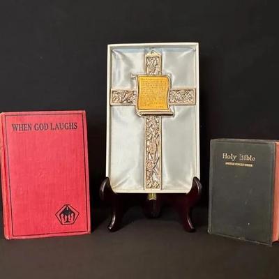 Our Father Scroll Prayer 9” Gold Cast Metal Grapes Wheat Cruifex, Holy Bible & When God Laughs