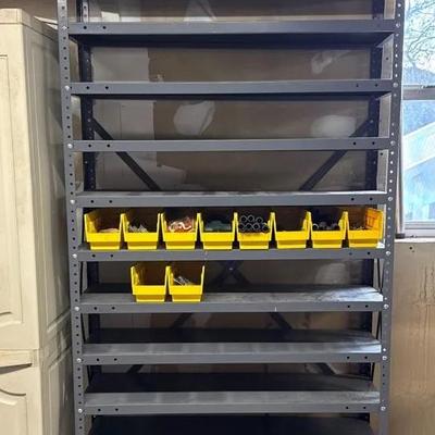 75in tall Metal garage shelving w/ organization containers 