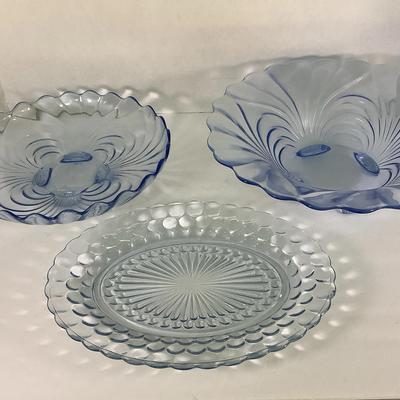 Set Of Three Blue Glass Decorative Bowls And Platter
