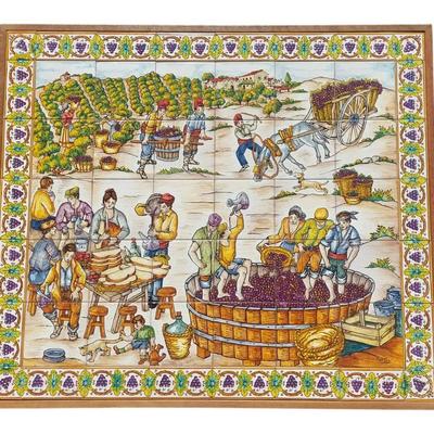 Hand Painted Ceramic Tile Mural  Wall Hanging “ Making Wine”