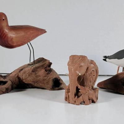 Vintage Hand Carved Birds Signed/Local OBX/POPS Scarborough + Elephant See Descriptions!