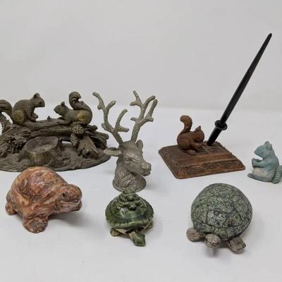 Animal Figurines - Stone Turtles, Metal Reindeer, Squirrel Candle Holder + Pen Holder 