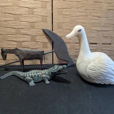 Decorative Animal Figures - Iron Alligator, Marble Swan, Tin Cow + Wooden Garden Crow 