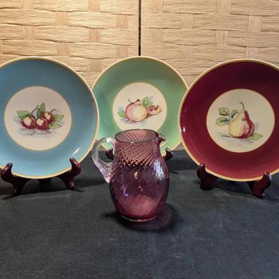 Vintage Pilgrim Glass Company Cranberry Glass Mini Pitcher + 3 Syaaguse China Plates