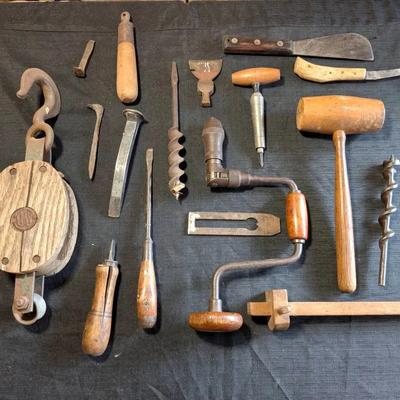 Antique Tools - Nails, Screw Crank, Mallet + More