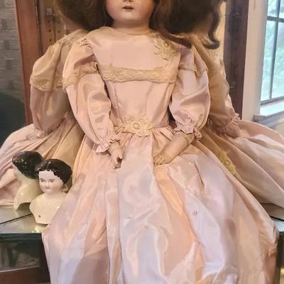 Antique German Bisque Doll With Human? Auburn Hair, Sawdust And Leather Body, Plus China Doll Head
