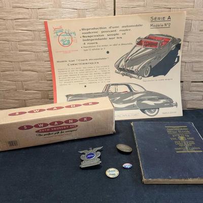 Vintage Ford + Car Pins, Jouets Ellen Car Booklet, Swank Squeegy 