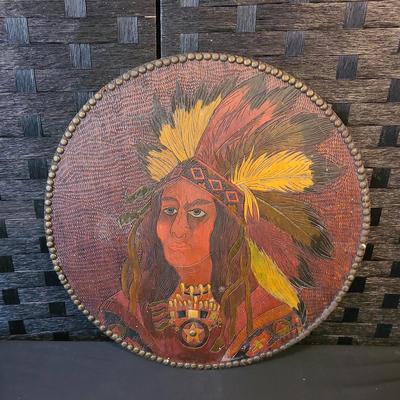 Large 20" Antique Pyrography/Chiseled Wood Folk Art Of Native American With Nailhead Trim