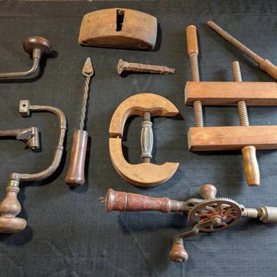Antique Drill Cranks, Soldering Iron, Handscrew Clamp + More