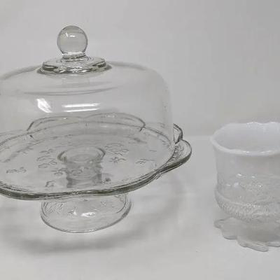 Rose Print 10 Inch Cake Stand + Opalescent Acorn Mosser Glass Spooner