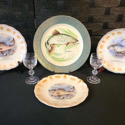 Vintage/antique Fish Plates (NY Souvenirs) And 2 Crystal Cordial Glasses