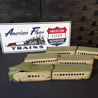 Union Pacific Tin Model Train + Metal American Flyer Train Sign