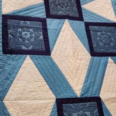 Handstitched Quilt Blue Colors Approximately Queen Size