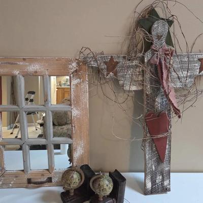 Decor Lot Wood Cross Book Ends Mirror Frame