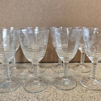 Wine Glasses 6.5" Clear Etched Floral Set 8